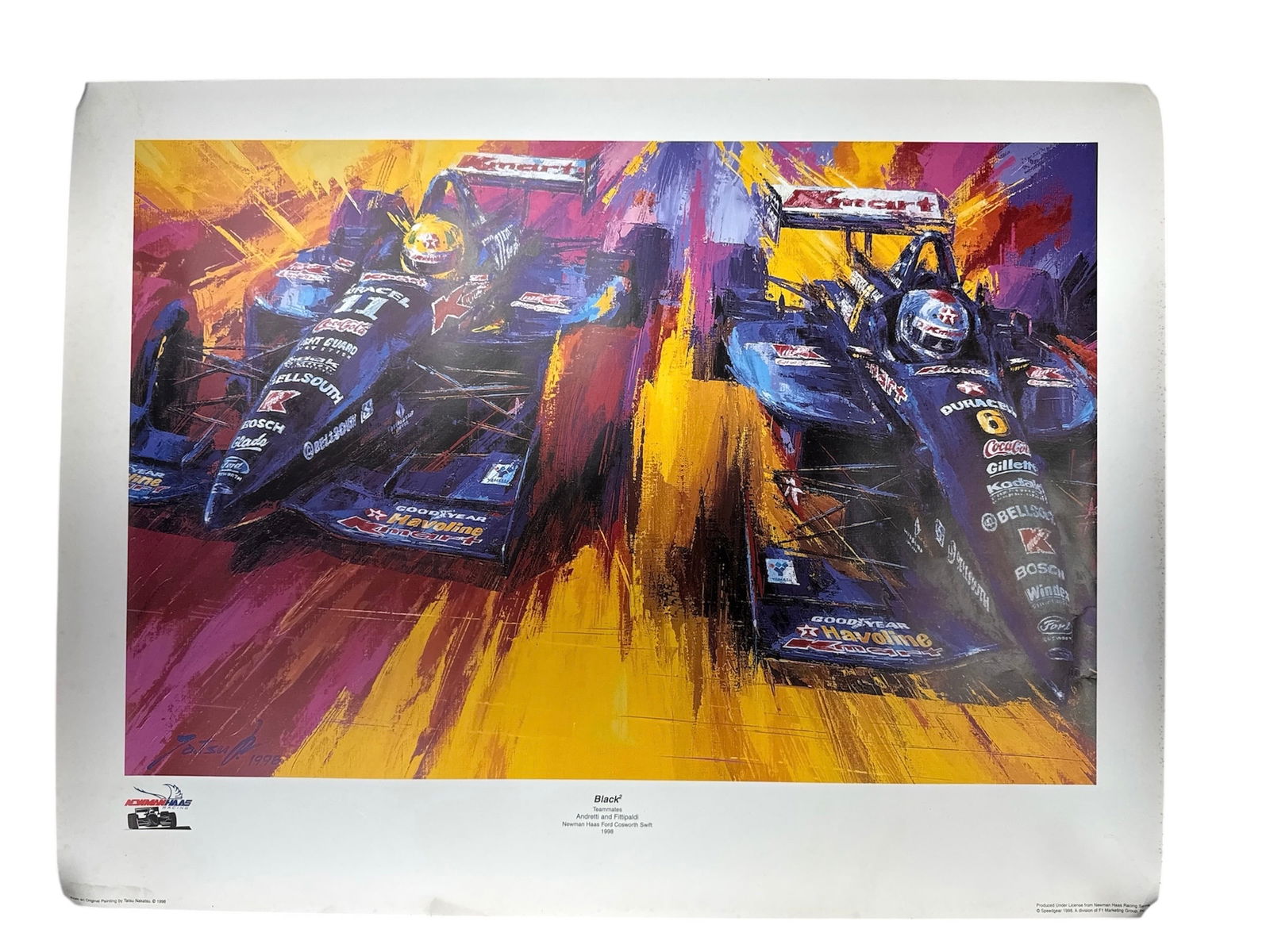 Tatsu Nakatsu 'Black2' 1998 Racing Poster: Tatsu Nakatsu 'Black2' poster, depicting Andretti and Fittipaldi, Newman Haas Ford Cosworth Swift, 1998. Dimensions: 24.5 x 32 inches.