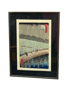 Japanese Woodblock Print of Rain Over Bridge Scene