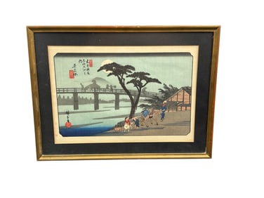 Japanese Woodblock Print Bridge Scene After Hiroshige