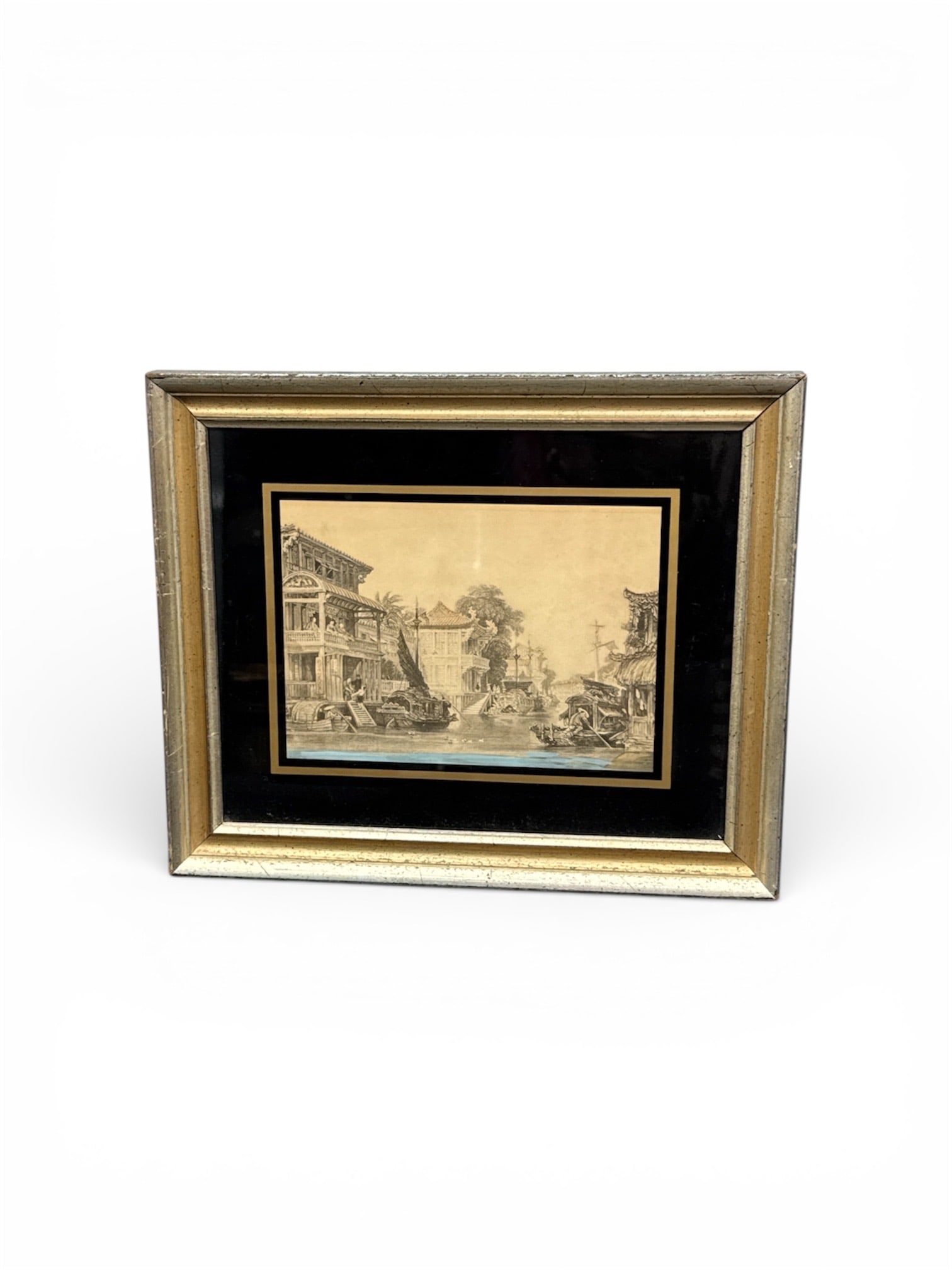 Framed Architectural Landscape Etching: This framed architectural landscape etching depicts a classical streetscape with prominent buildings, figures, and trees rendered in fine linear detail. The scene reflects European architectural influ