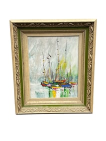 Signed Harbor Boats Painting in Ornate Frame