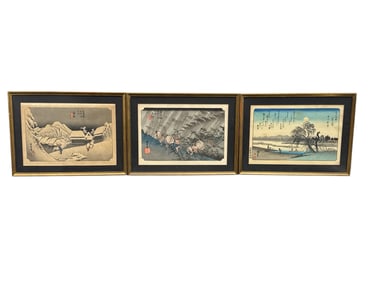 Set of Three Framed Japanese Woodblock Prints Landscapes and Seasonal Scenes