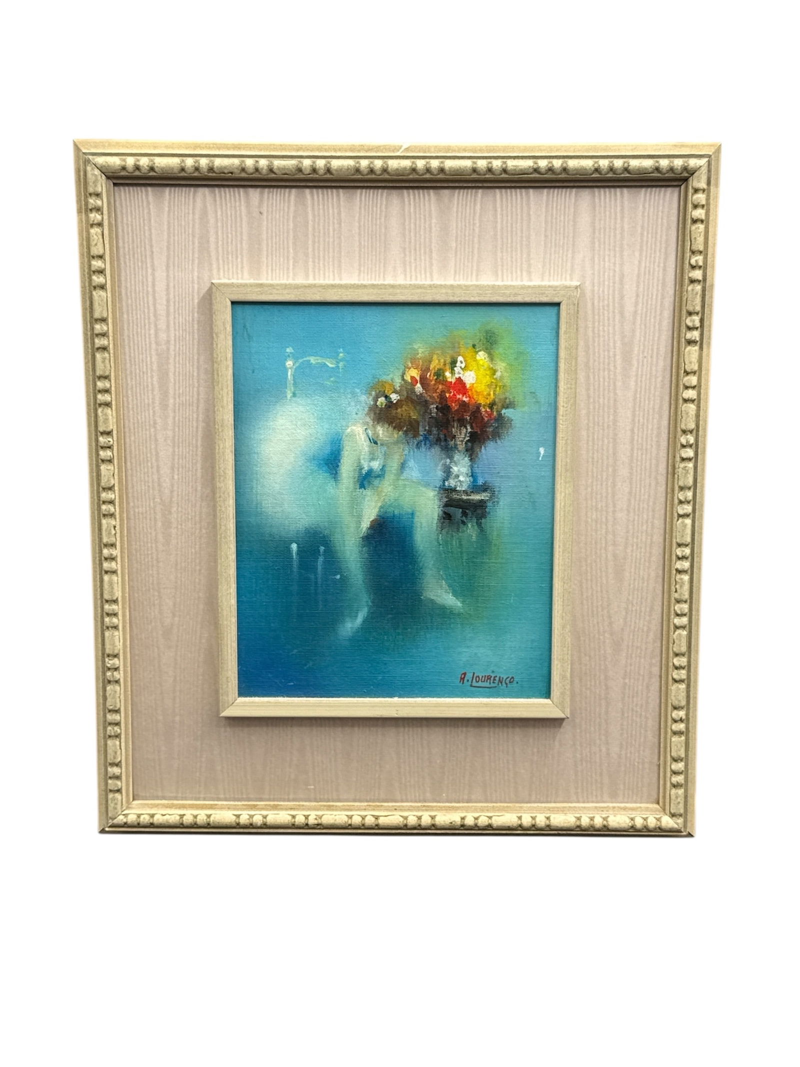 Signed Abstract Figurative Painting by A Lourenço in Frame: This lot features a signed abstract figurative painting by A Lourenço, presenting a stylized human form rendered in cool blue tones with expressive bursts of warm color concentrated in the uppe