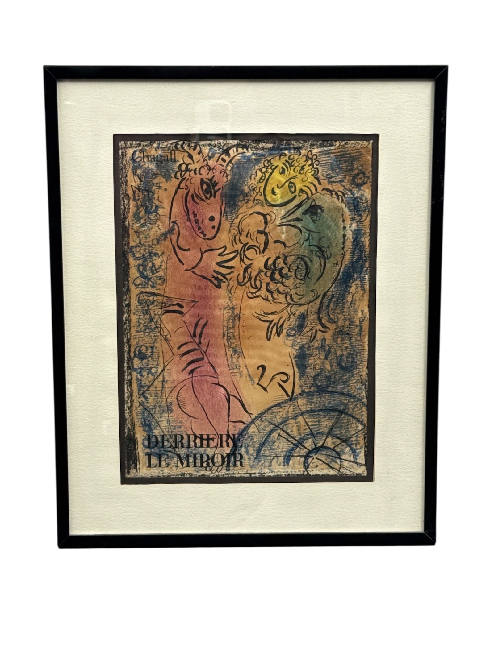 Marc Chagall Derriere Le Miroir Abstract Lithograph in Frame: This lot features a lithograph by Marc Chagall created for the influential French art publication Derriere Le Miroir. The composition showcases Chagall’s characteristic abstract and symbolic
