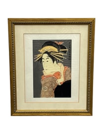 Japanese Ukiyo-e Style Geisha Art Print in Gilt Frame