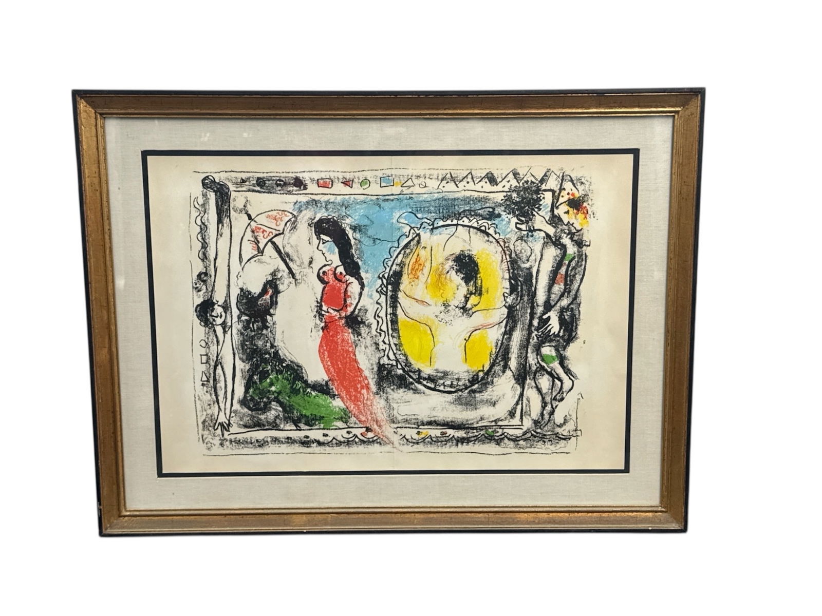 Marc Chagall Derriere Le Miroir Lithograph in Frame: This lot features a lithograph by Marc Chagall produced for the influential French art publication Derriere Le Miroir. The composition displays Chagall’s iconic dreamlike imagery with