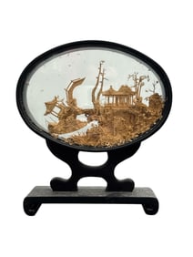 Chinese Cork Diorama Scene in Oval Glass Display on Stand