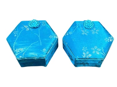 Pair of Hexagonal Asian Style Jewelry Boxes with Floral Decoration