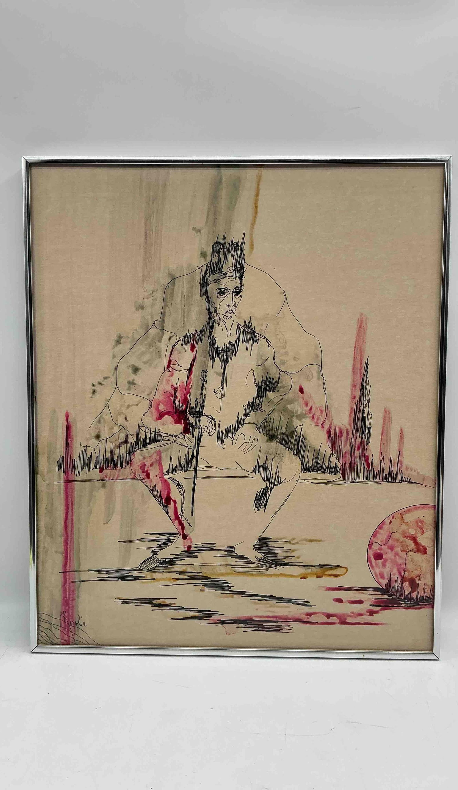 Sonia Risolia (American, 1926-2002) Mixed Media on Panel Painting: Description: Expressive ink and watercolor sketch of a seated figure, possibly a tribal elder, rendered with gestural black lines and vibrant washes of pink, red, and yellow. The minimalist style and