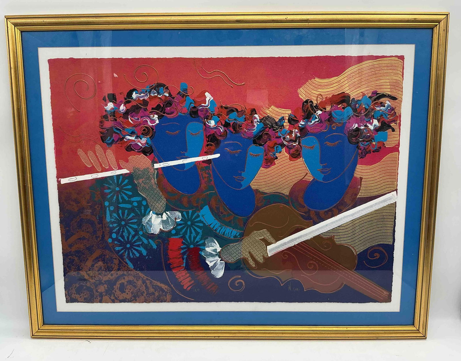 Trio by Peter Nixon (England, b.1956) Acrylic on paper with Sales Receipt: Description: A vibrant composition featuring three stylized musicians in abstract form, using bold colors and textured patterns to convey rhythm and harmony. Medium: acrylic on paper