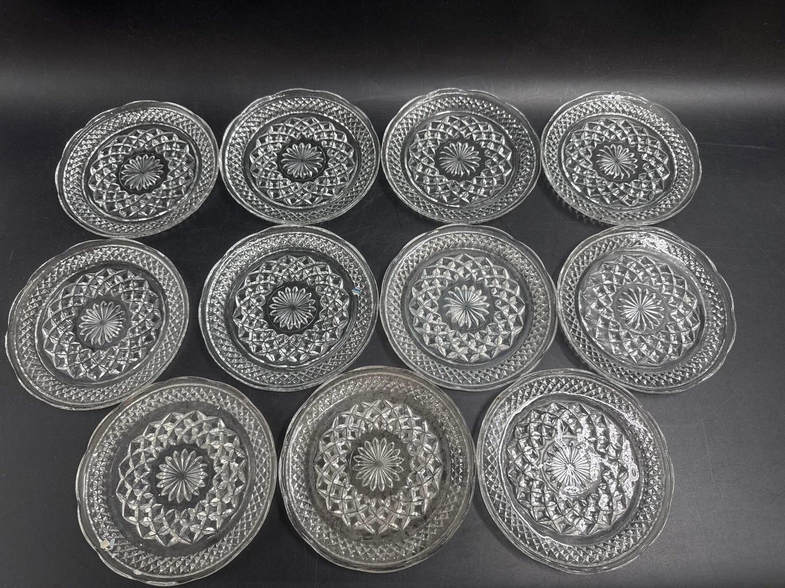 Set of 11 Vintage Pressed Glass Dessert Plates with Starburst Design (1 of 4)