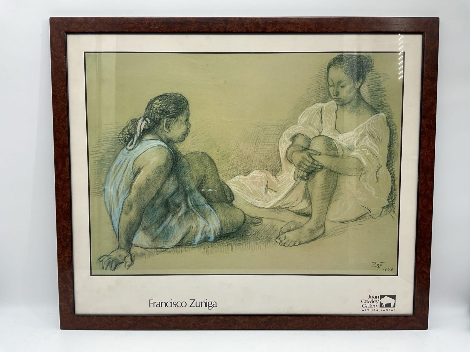 Francisco Zuniga (Costa Rica/Mexico, 1912-1998) Lithograph: A delicate and introspective drawing by Mexican-Costa Rican artist Francisco Zuniga, depicting two seated women in flowing garments. Rendered in soft tones with expressive linework, the composition ca