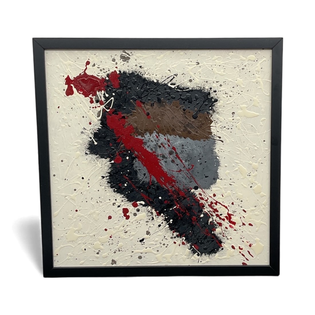 Miguel Angel-Jimenez – Red and Gray Abstract: Bold abstract composition featuring textured layers of black, brown, and gray accented by dynamic splashes of deep red, characteristic of Miguel Angel-Jimenez’s expressive style.