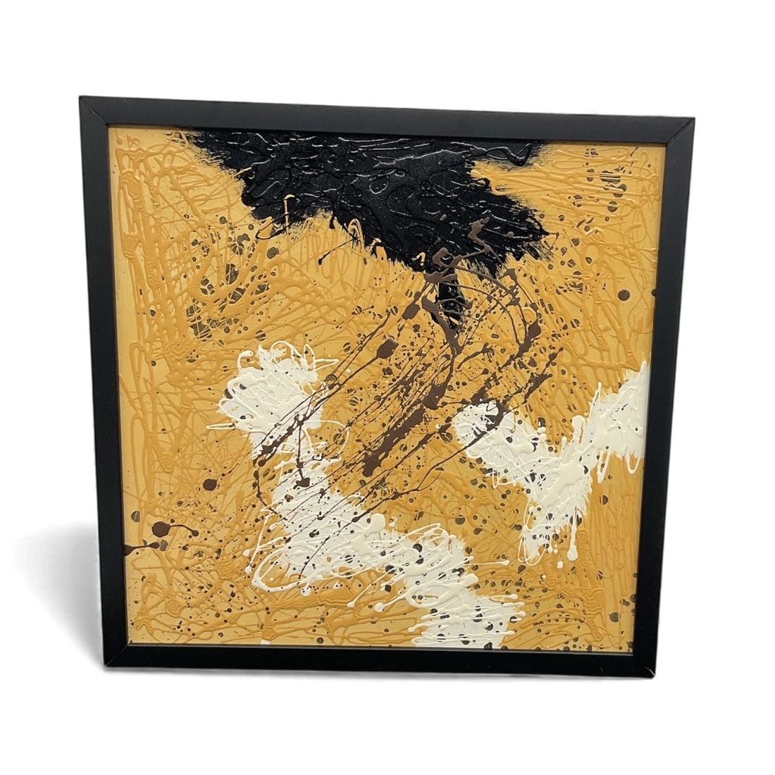 Miguel Angel-Jimenez – Gold and Black Abstract: Textured abstract artwork featuring a rich gold background contrasted with dynamic black and white splashes, executed in Miguel Angel-Jimenez’s expressive impasto style.