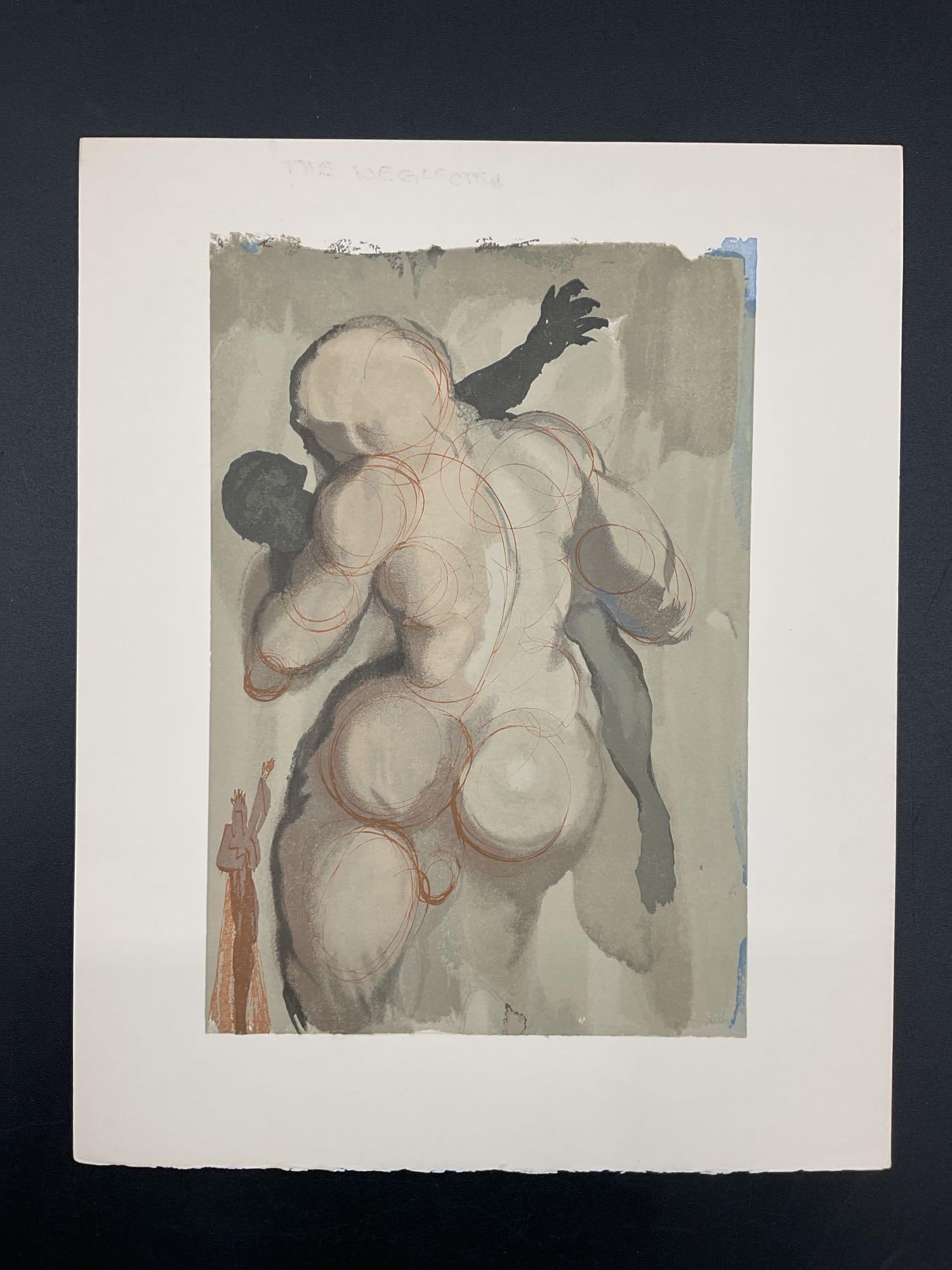 Purgatory 6 by Salvador Dali (Spain, 1904-1989) Woodcut: A limited edition woodcut print by Salvador Dali from his renowned Divine Comedy series, titled "The Neglectful Meets Violent Death - Canto 6". The artwork features a powerful and emotional