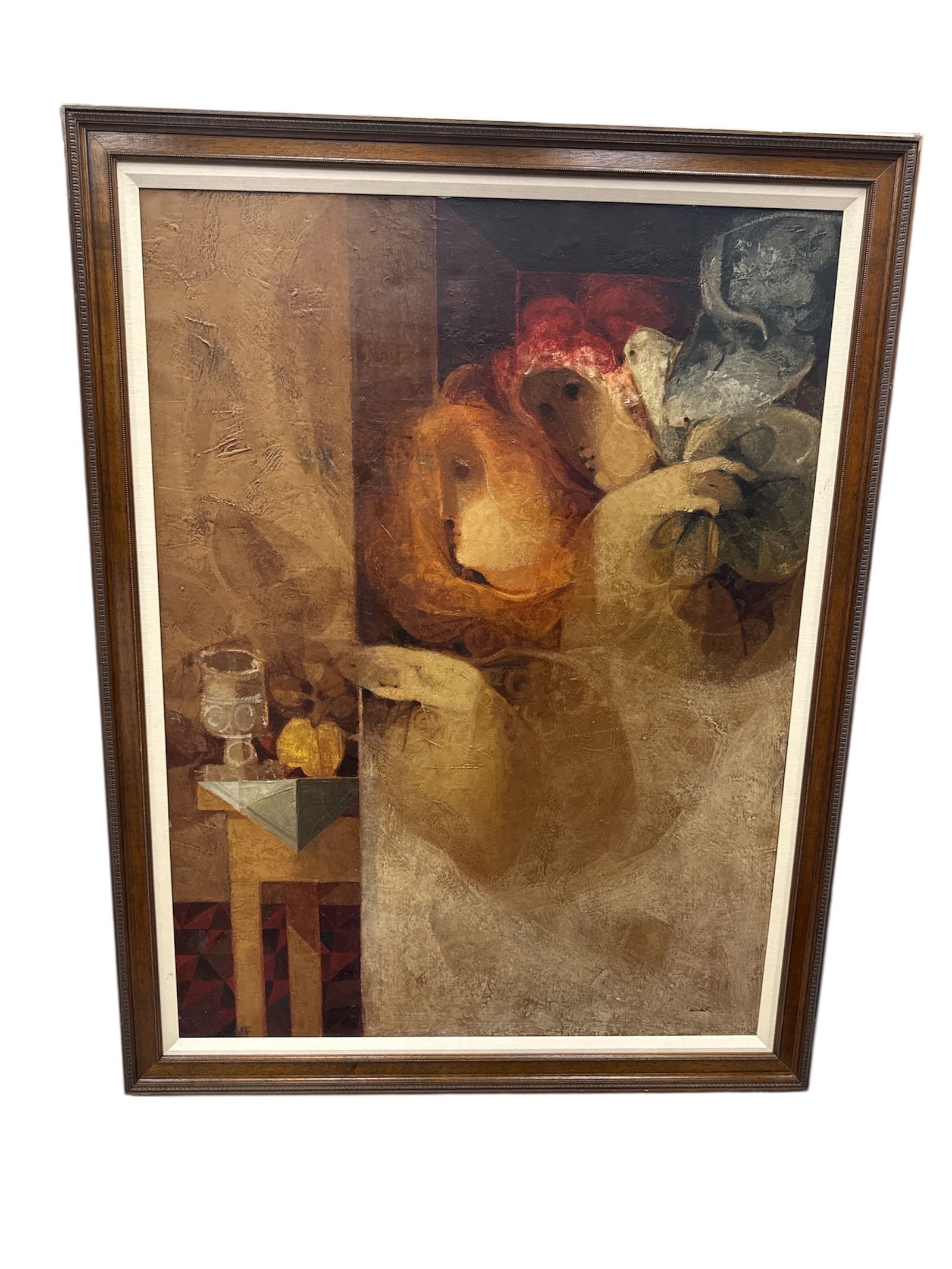 Alvar Sunol Munoz-Ramos (b. 1935, Spanish) Oil on Canvas: Elegant oil on canvas featuring two stylized figures in warm, earthy tones beside a table with fruit and a goblet, rendered in Alvar’s distinctive textural and romantic style. Signed bottom
