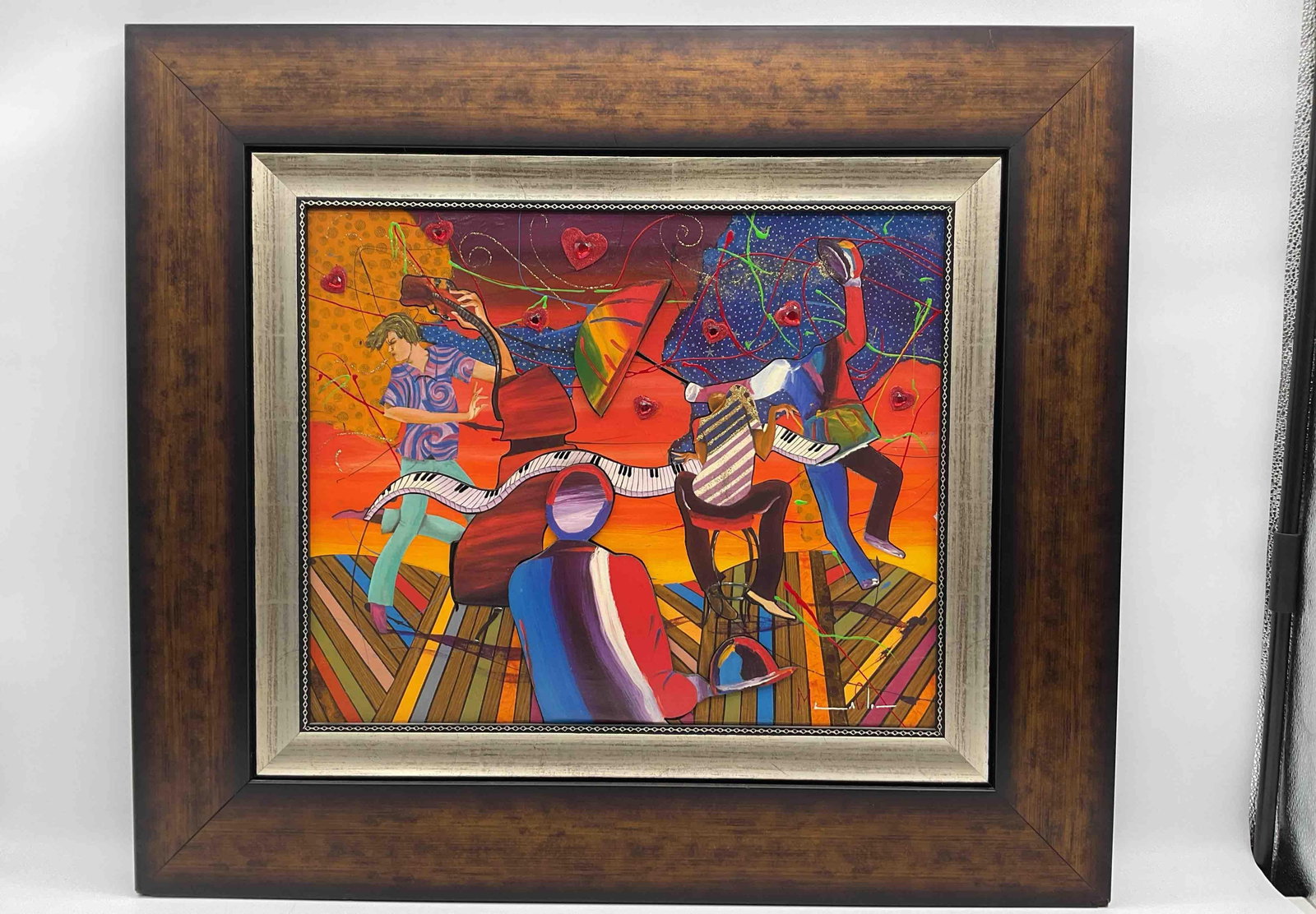 Marcus Glenn – Festival for the VIP: Colorful and energetic mixed media artwork by Marcus Glenn titled Festival for the VIP. The piece depicts a dynamic musical scene with musicians and dancers set against a vivid red and orange