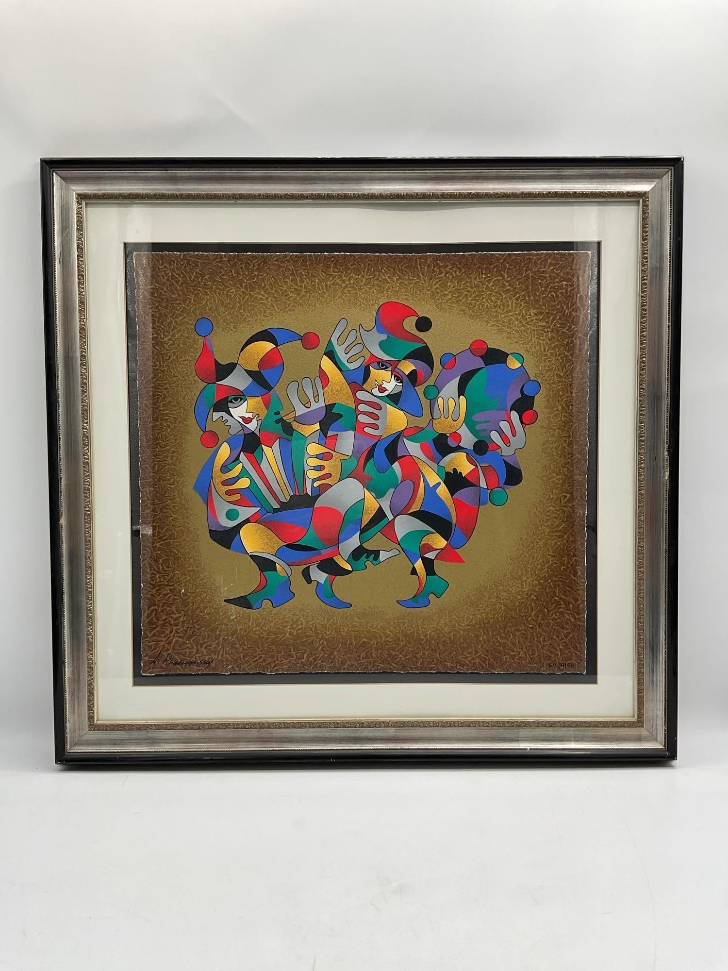 "Dancing Scaramouches" by Anatole Krasnyansky (Ukraine, 1930-2023) Serigraph: Vibrant limited edition print by Anatole Krasnyansky featuring stylized harlequins in a dynamic, abstract composition. Rich in color and movement, the piece blends architectural textures with