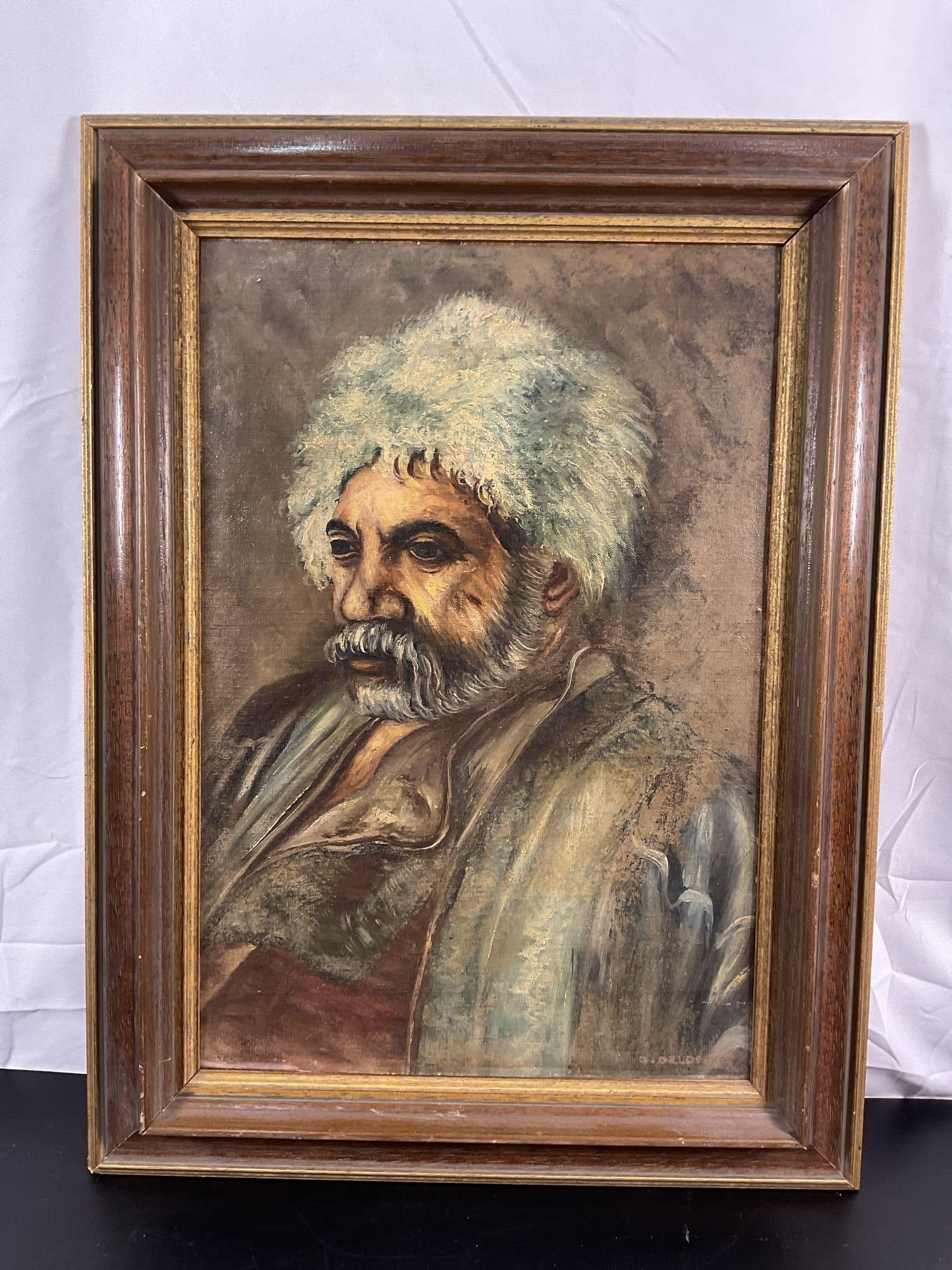 Portrait of an Elderly Man - Signed, Artist Unknown: A striking oil painting depicting an elderly man with deep-set eyes, a contemplative expression, and a full white beard. He wears a large, fluffy hat and a muted green robe with soft, flowing folds. T