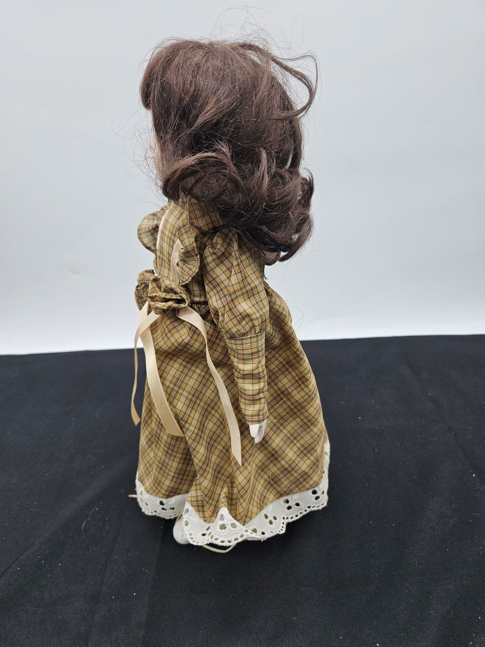 Porcelain Doll with Brown Hair and Plaid Dress - 2