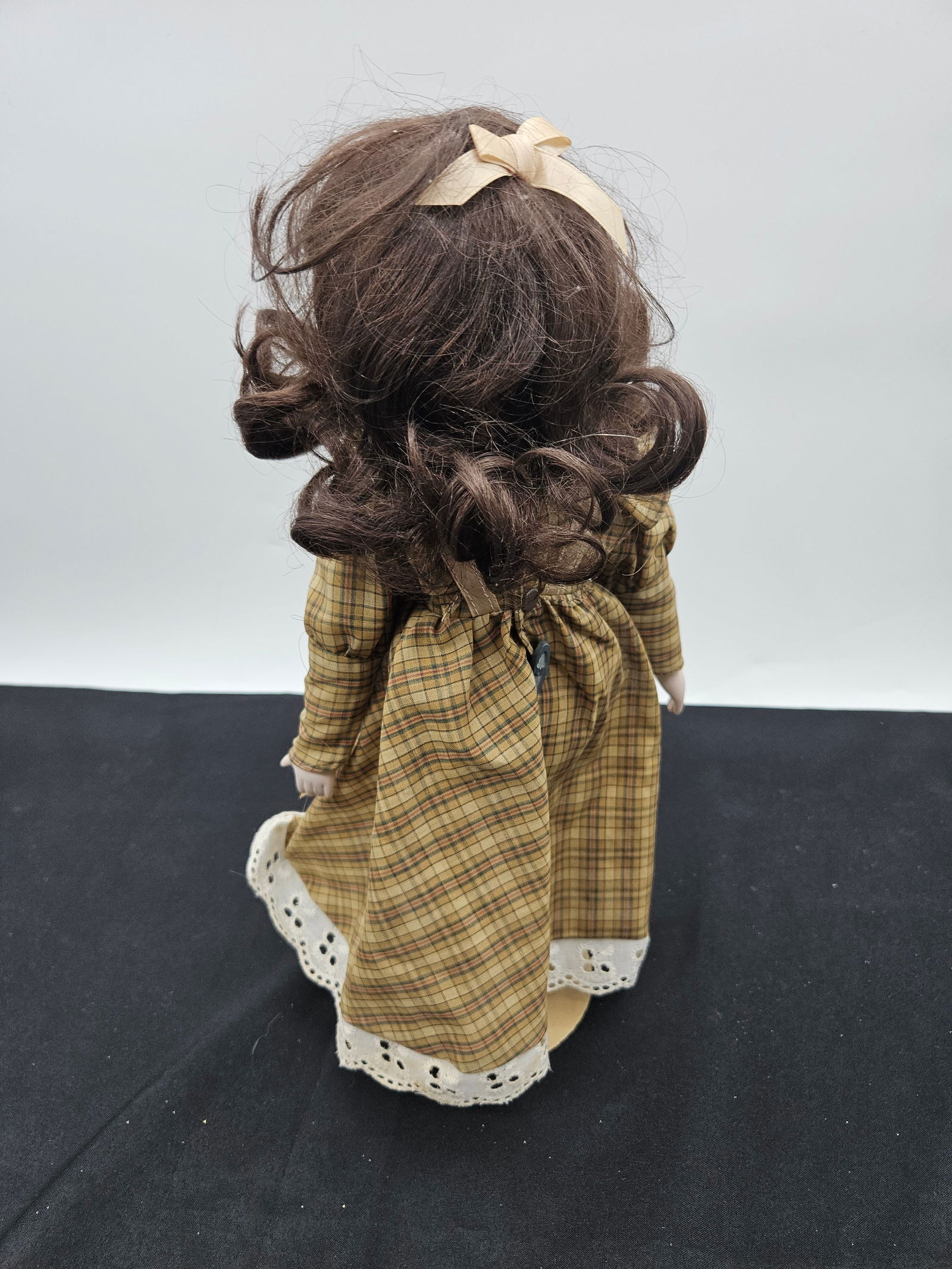 Porcelain Doll with Brown Hair and Plaid Dress - 3