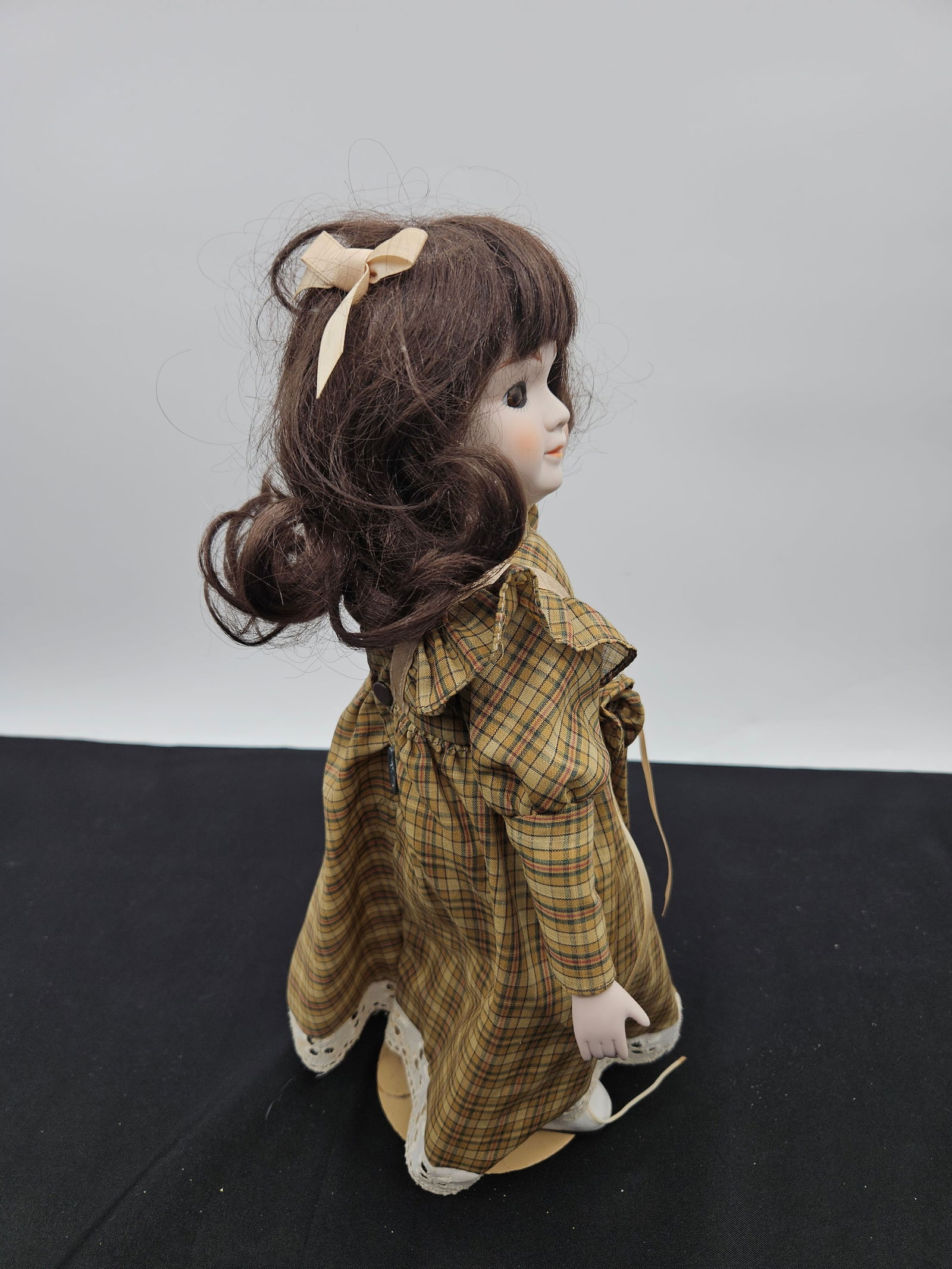 Porcelain Doll with Brown Hair and Plaid Dress - 4