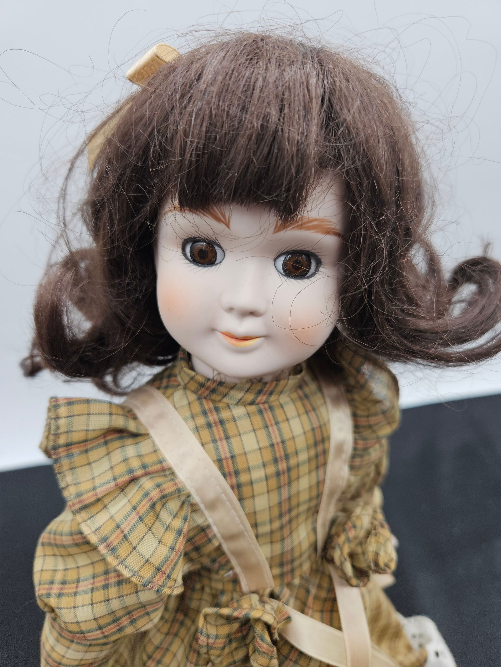 Porcelain Doll with Brown Hair and Plaid Dress - 5