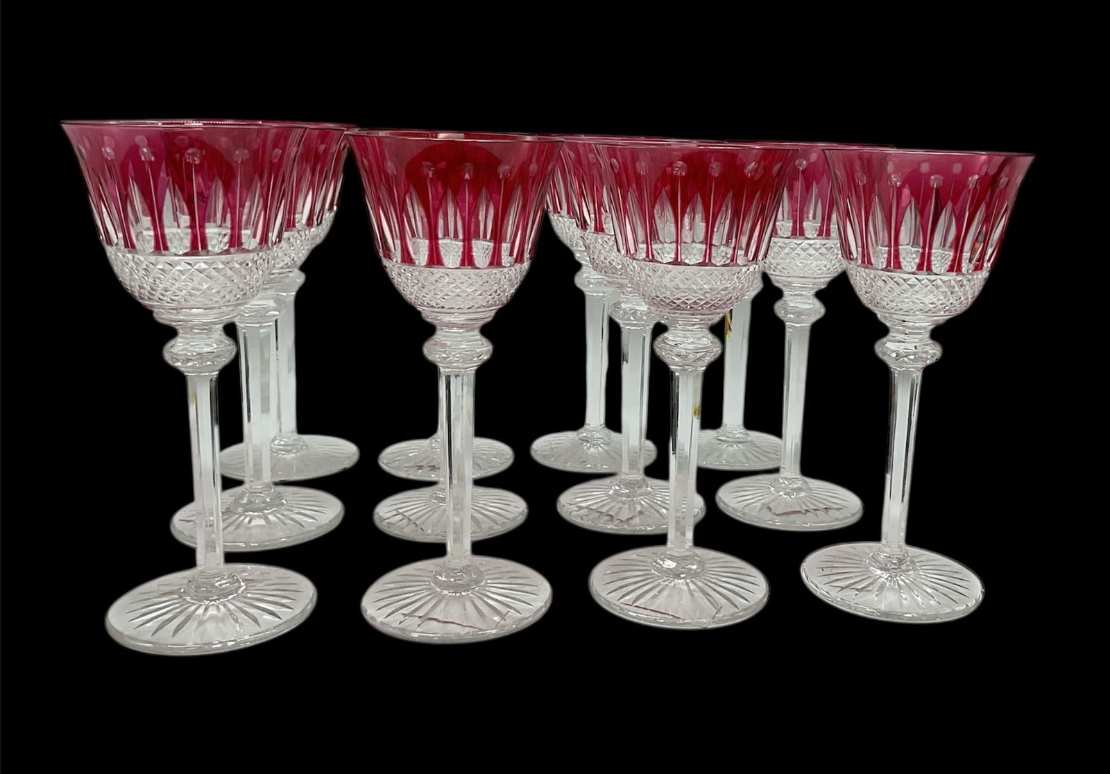 RARE Set of Twelve (12) Saint-Louis "Tommy" Red Cut-to-Clear Crystal Wine Glasses: A Magnificent Set of Twelve (12) Saint-Louis "Tommy" Red Cut-to-Clear Crystal Wine Glasses / Hock Glasses, FranceThis exceptional set of eight vintage Saint-Louis crystal stemware pieces features the