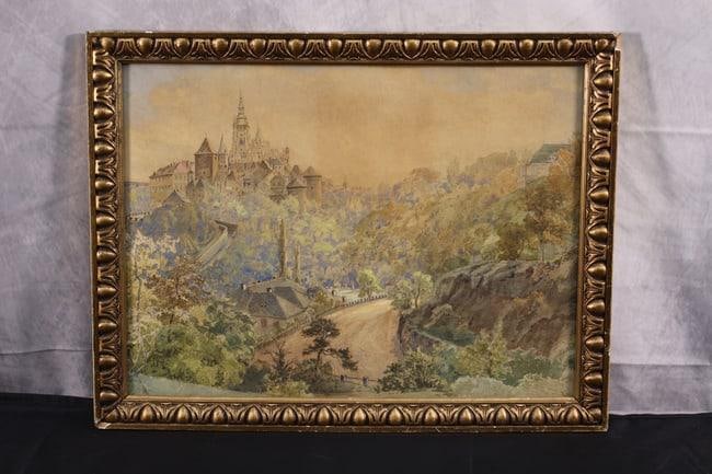 ANTON HLAVACEK (Austria, 1842-1926): This serene watercolor painting captures a tranquil landscape scene, possibly inspired by Austrian countryside views. The composition features a lush, forested area with a pathway leading the eye