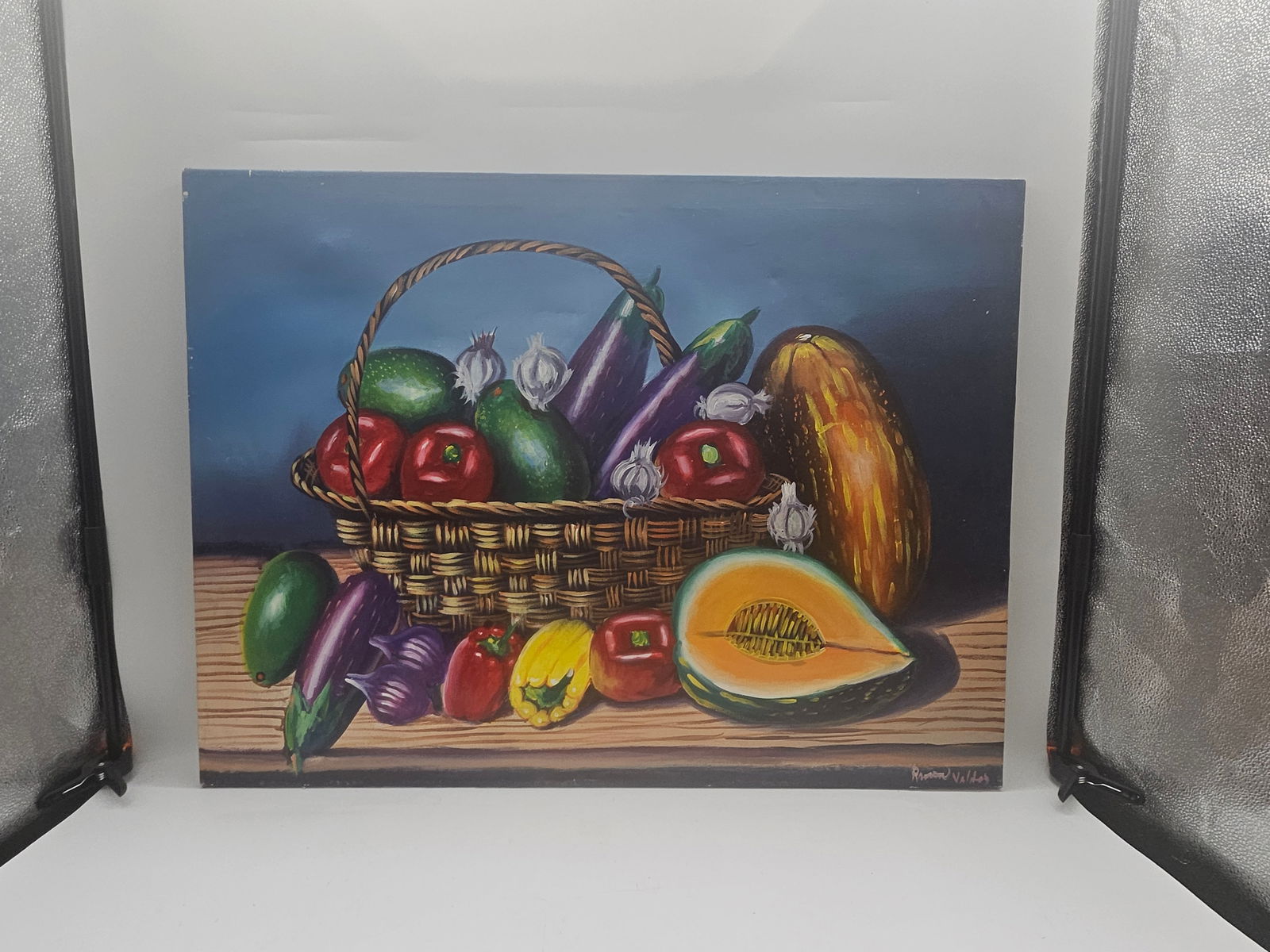 "Still Life with Basket" of Vegetables by Ramón Valdez (Dominican Republic, b.1953) Oil on Canvas (1 of 5)