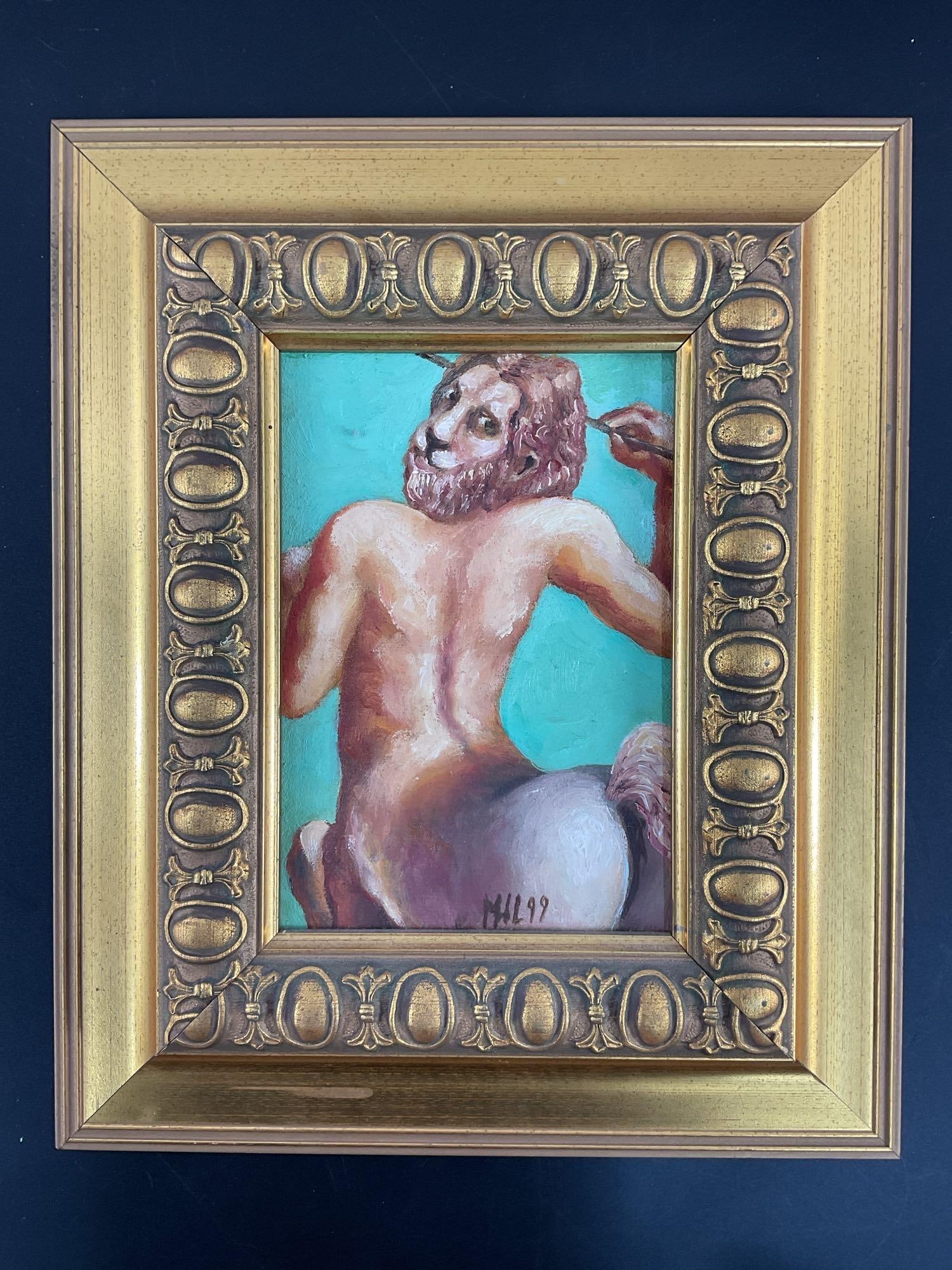 "Centaur" by Marina Hyvari Lubow (Russian) Oil on Canvas:  Beautiful painting by Russian artist Marina Hyvari Lubow, signed and dated on the bottom right 1999 and inscribed with more details on verso. Medium: Oil on canvasDimensions: H:14in L:12in