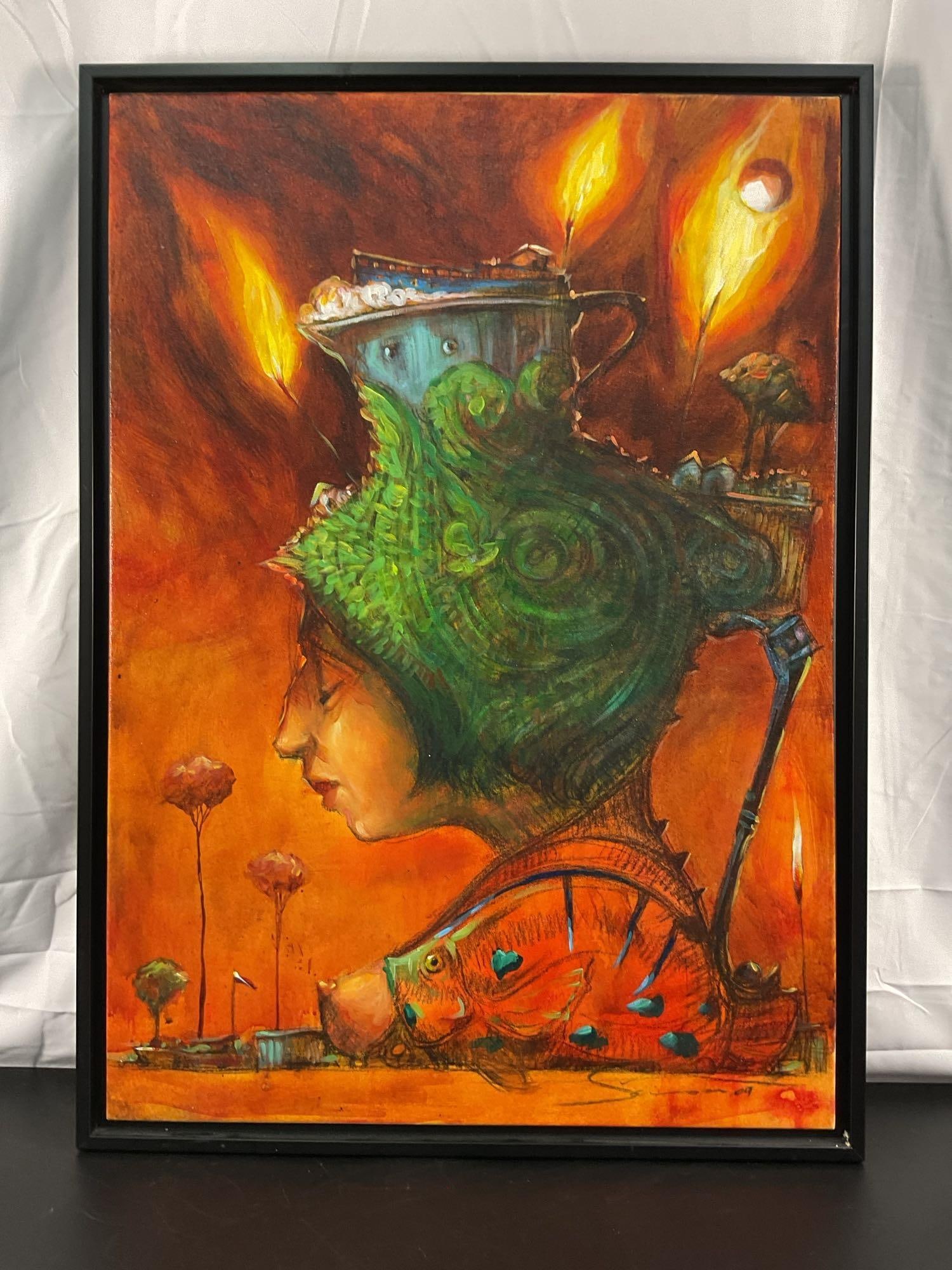 Carlos Zamora (Cuban, b.1978) Acrylic on Canvas: This captivating surreal painting features a woman's profile intertwined with fantastical elements. Her head is enveloped in a green, organic structure resembling leaves or a shell, with a vintage