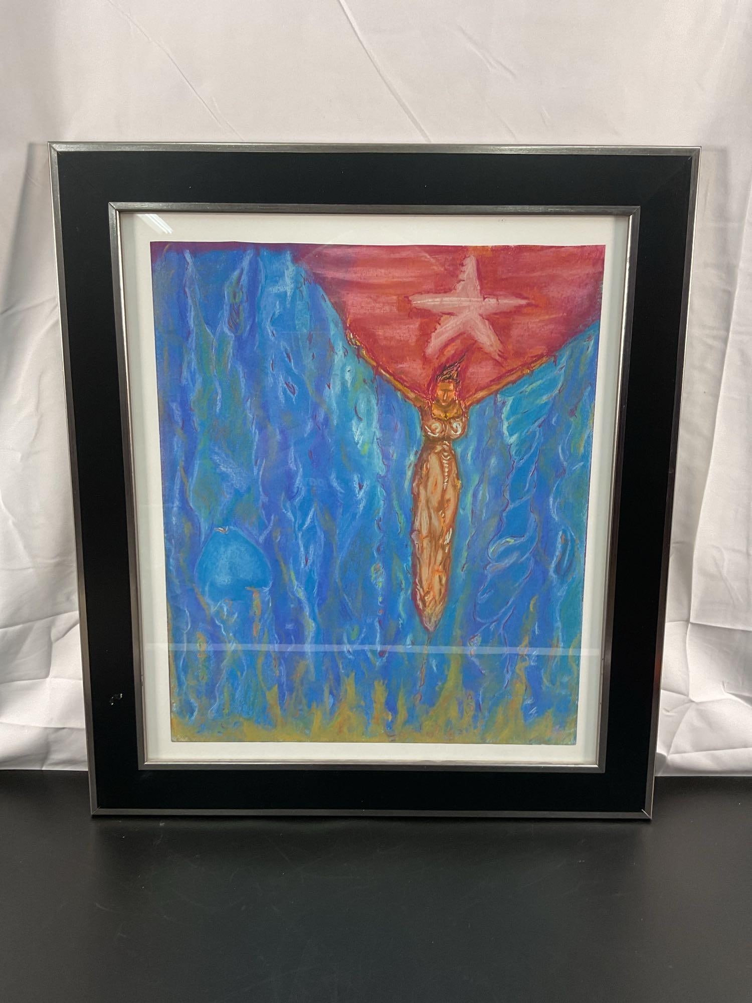 "Ascension of the Star" By Patricia Garcia (Cuban/American): This vibrant and mystical painting by Cuban/American artist Patricia Garcia, features a central figure with outstretched blue wings, ascending against a rich blue and red background . The top of 