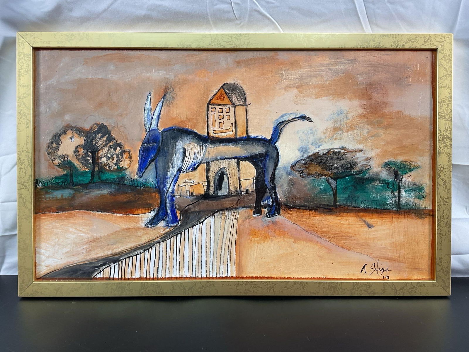 "The Blue Centaur" Oil on canvas: This surreal painting features a fantastical blue centaur-like creature set against a warm-toned, abstract landscape. The creature is part human, part horse, with dynamic blue and black hues that crea