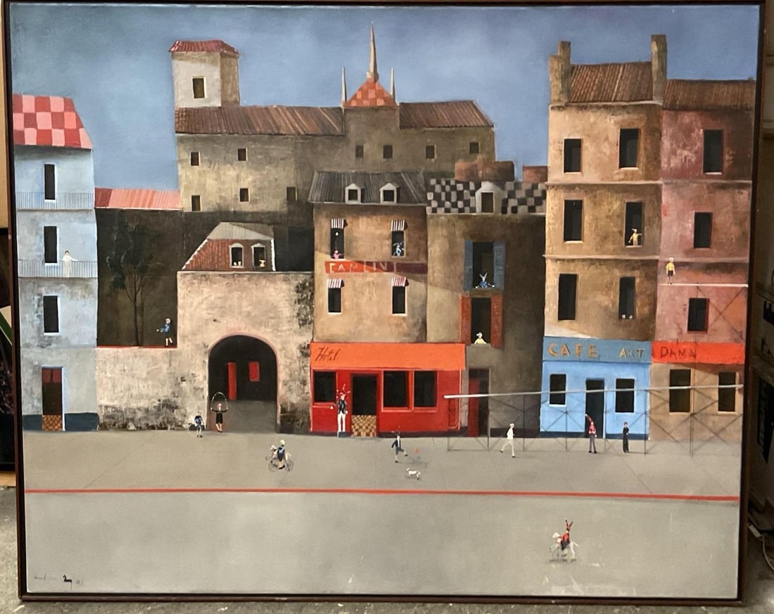 Trino Sanchez (Venezuelan, b.1968) Oil on Canvas: Titled "El Pueblo" by Venezuelan artist Trino Sanchez. The painting depicts a detailed contemporary city-scape painting depicting an old European-style village with a mix of architectural el