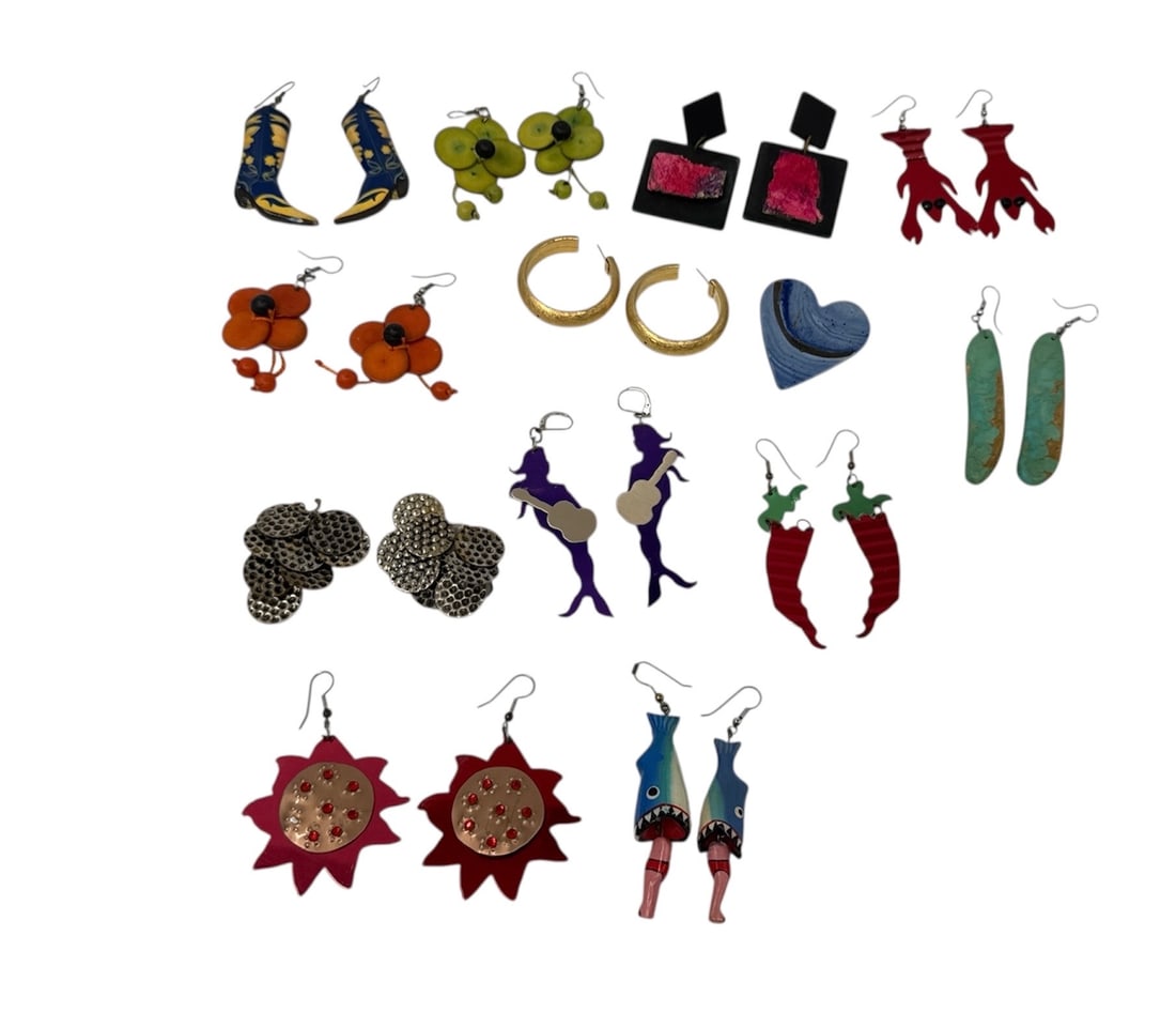 Gloria Landsman Pierce Handcrafted Earrings and Pin Jewelry Group: This extensive group features a collection of handcrafted earrings along with one decorative pin created by artist Gloria Landsman Pierce. The assortment includes a wide variety of playful and