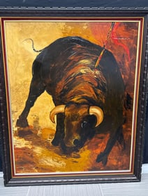 Dynamic Bullfight Scene by Michele – Bold Expressionist Oil on Canvas