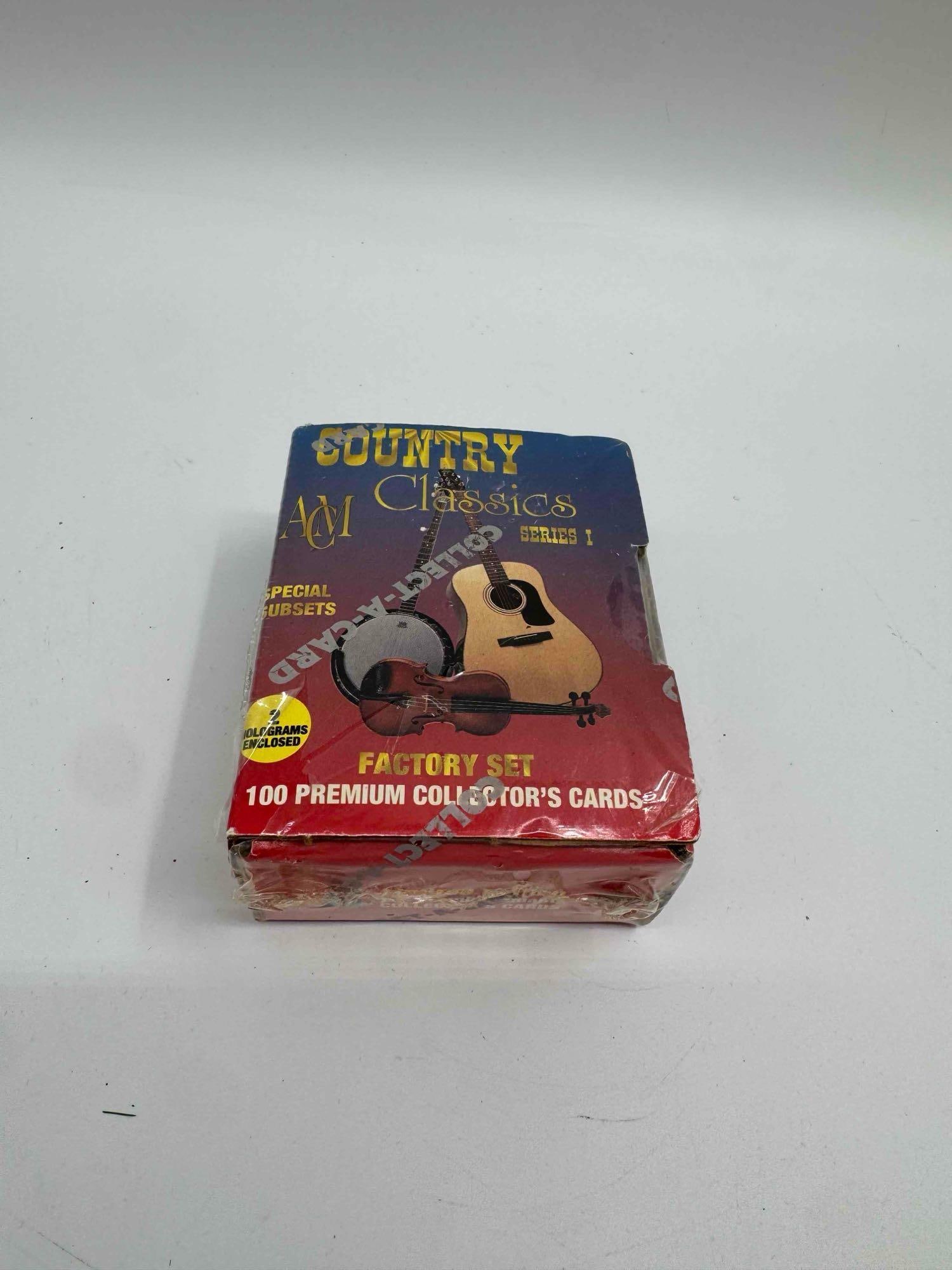 Country Music Classics Collector Cards Factory Set – Series I: Factory-sealed set of Country Music Classics Series I trading cards. Contains 100 premium collector’s cards featuring country music legends and history. Packaging highlights special