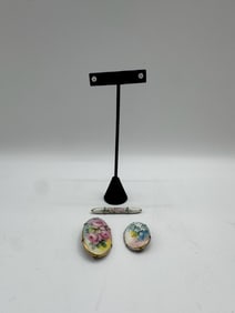 Victorian Floral Painted Jewelry Set: Earrings & Brooches