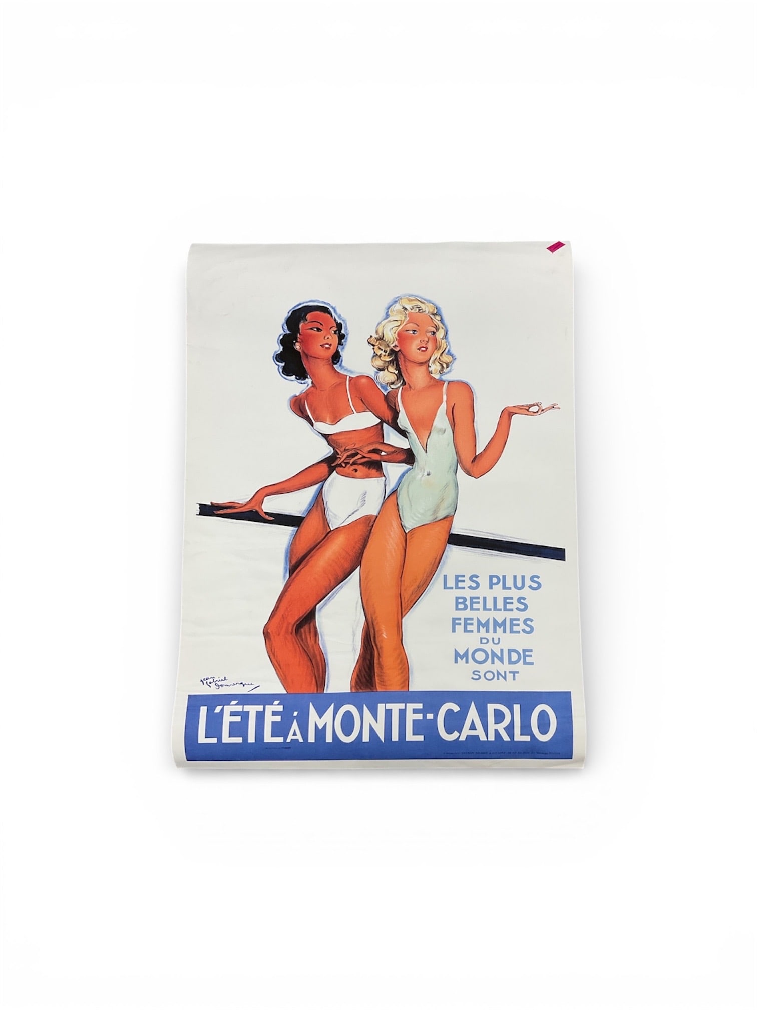 Jean-Gabriel Domergue L'Ete a Monte-Carlo Original Lithograph 1937: This striking 1937 color lithograph is a seminal work by Jean-Gabriel Domergue (1889–1962), a celebrated French painter often credited as the inventor of the "pin-up". Titled L'&Ea