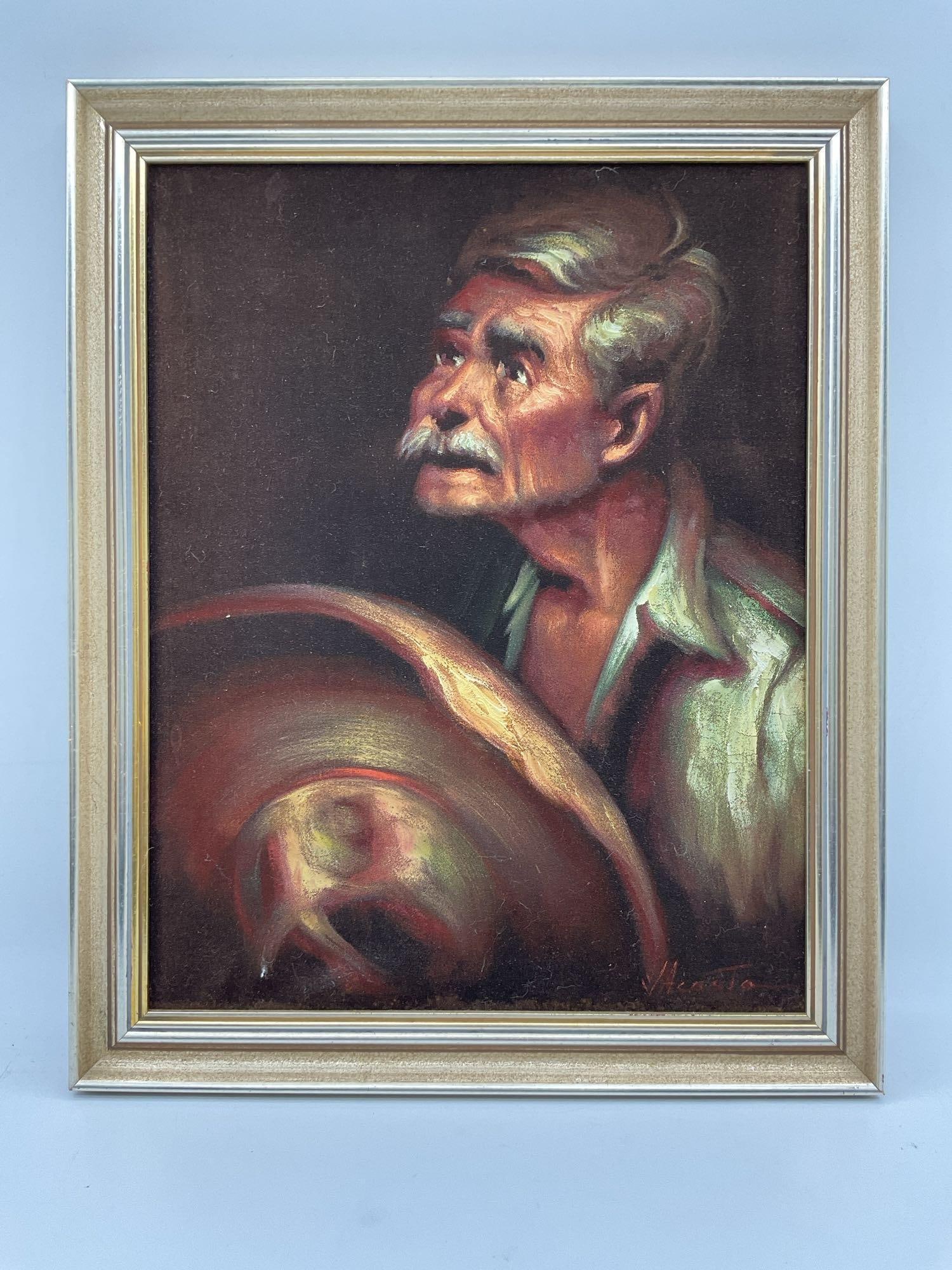 Elderly Man with Sombrero by Acosta: Expressive portrait of an older man with silver hair and mustache, gazing upward while holding a wide-brimmed hat, rendered in glowing tones Dimensions: H22in L17in Medium: Oil on velvet