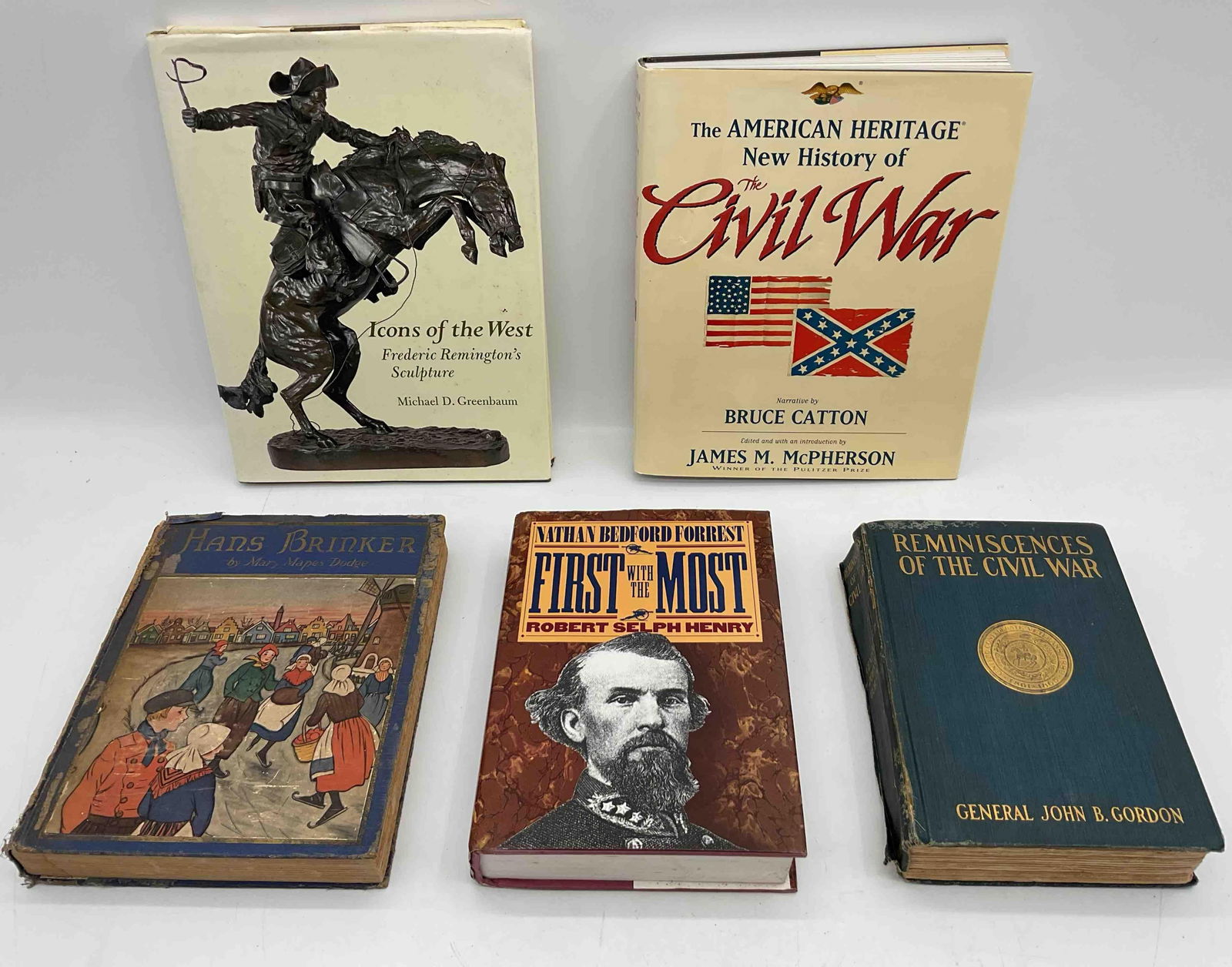 Collection of Historical and Civil War Books: Assorted set of five vintage and modern history books including themes of the American Civil War, military leaders, and historical accounts. Mix of hardcover editions with illustrated and text content