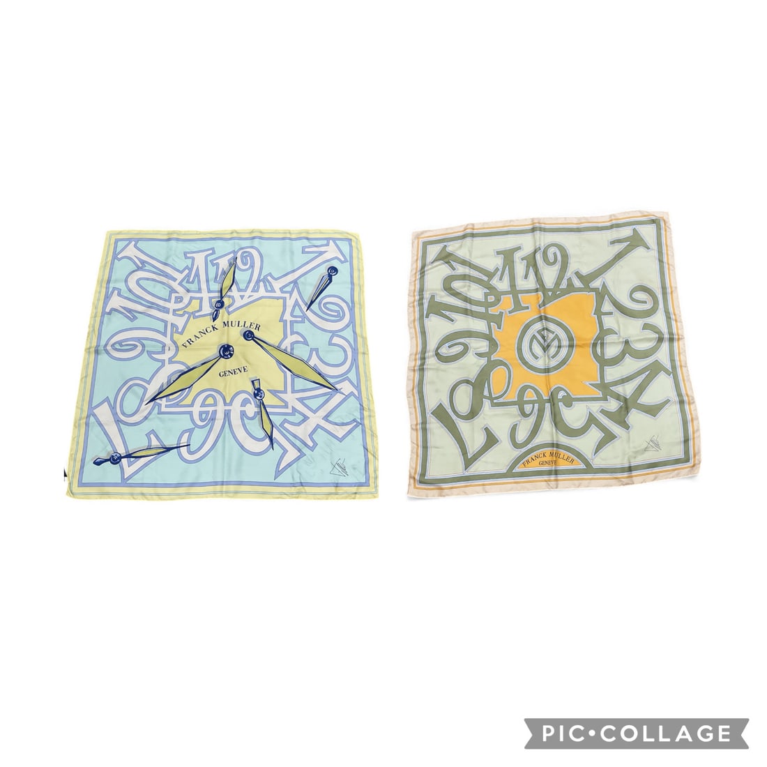 Franck Muller Genève Clock Motif Scarves Pair: A pair of stylish square scarves featuring signature Franck Muller Genève–inspired clock designs. Each piece showcases the brand’s iconic exaggerated numerals and bold central eleme