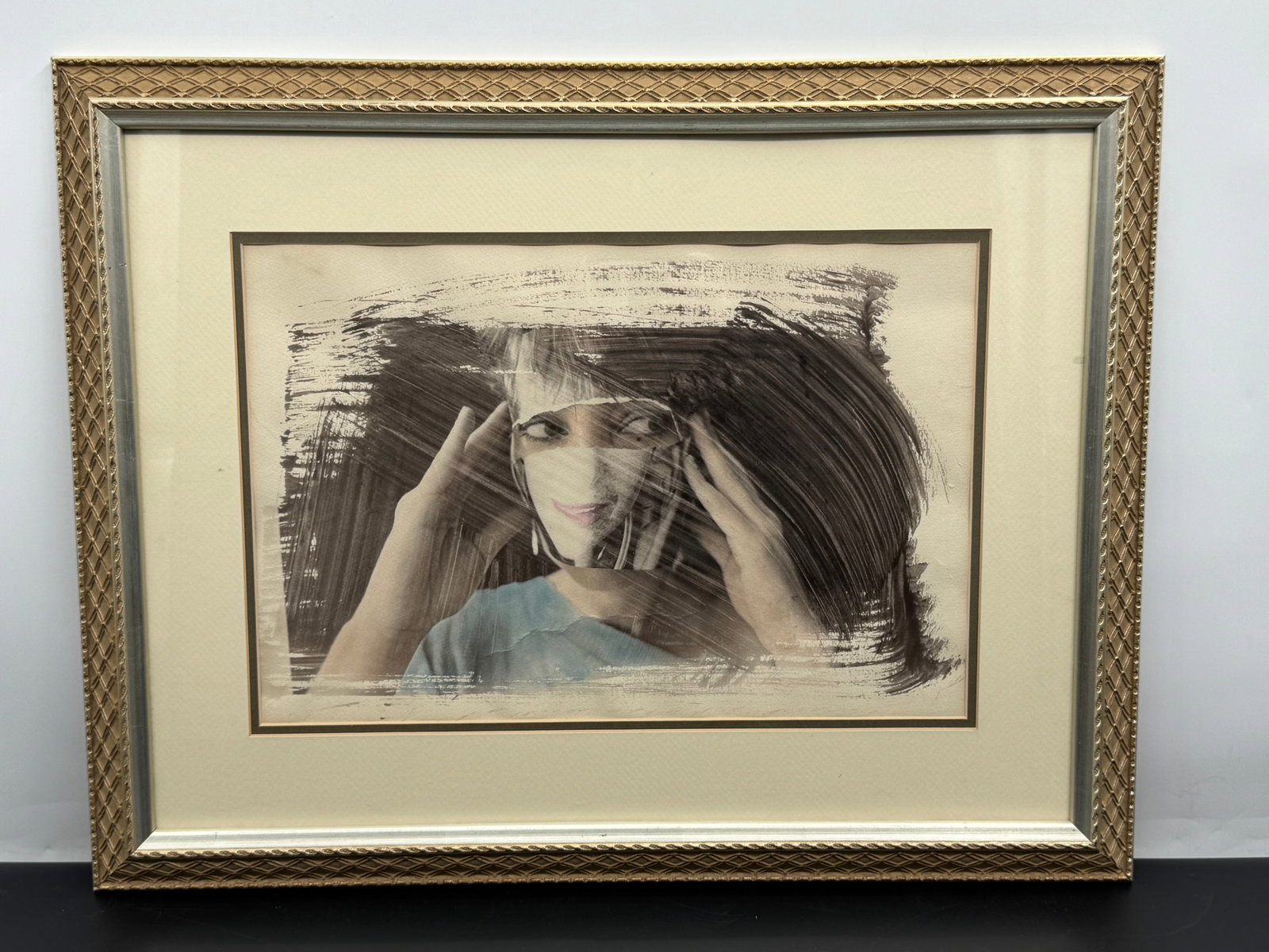 Ginny Lloyd Mixed-Media Portrait Photograph with Expressive Brushwork, Contemporary Conceptual Art: This framed mixed-media portrait work by Ginny Lloyd presents a striking, emotionally layered photographic image overlaid with bold, gestural brushwork. The central c