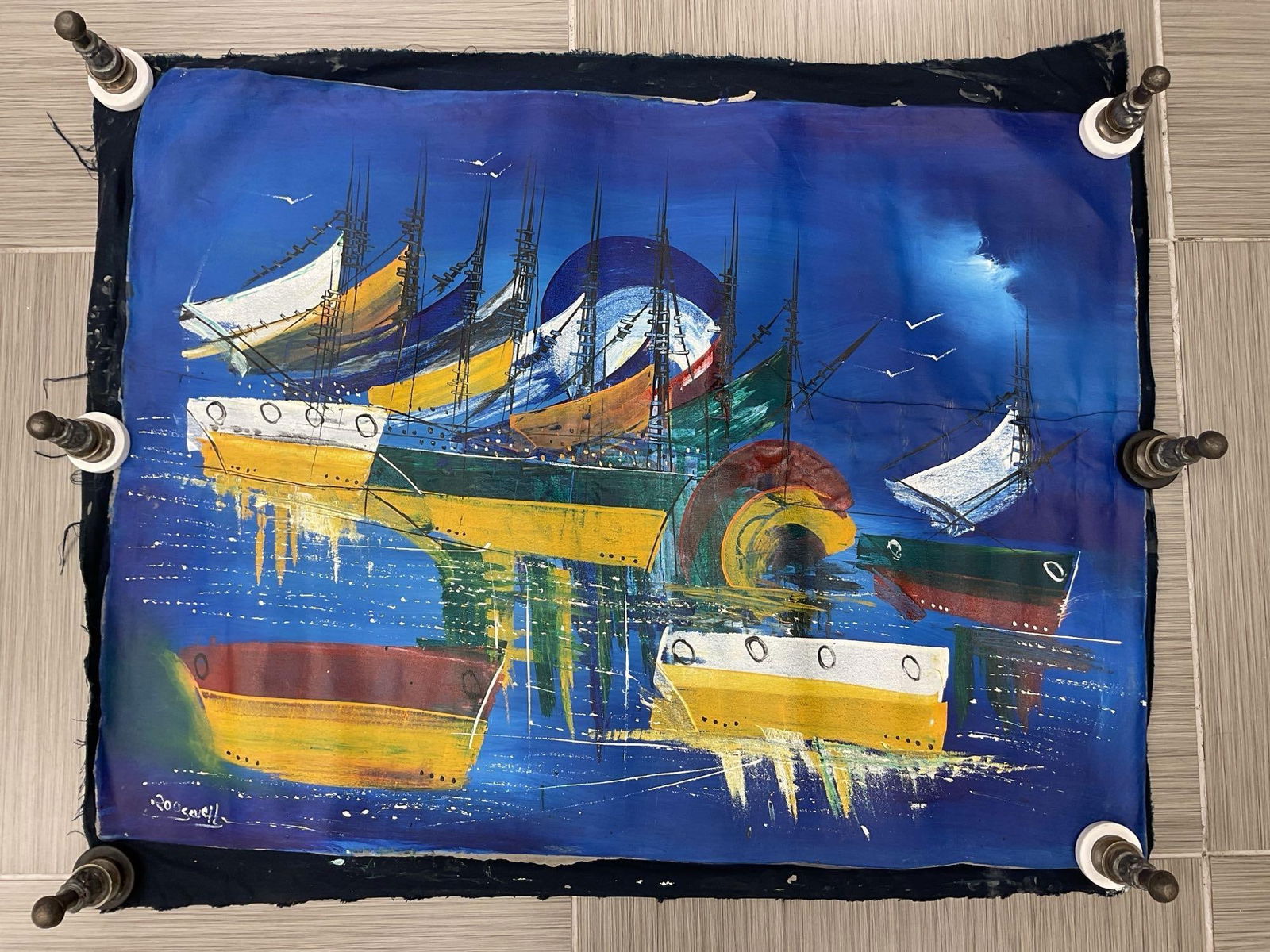 Nautical Sailboat Abstract Painting Signed Roosevelt (Haitian): Colorful abstract Haitian sailboat painting of stylized sailboats with vivid blue, yellow, and red tones, signed Roosevelt. Medium: Acrylic on Canvas Dimensions: H:32in L:38in