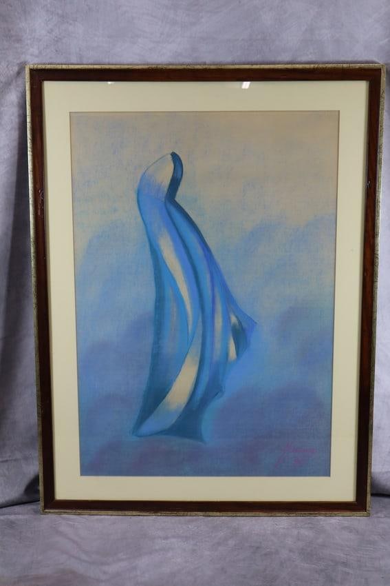 Framed Chalk Wall Art: A chalk drawing of a figure draped in a blue cloak, exuding an aura of calm and serenity. The artist Marina has signed the artwork on the lower right, lending it an elegant and personalized touch.&nbs