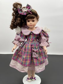 Porcelain Doll in Purple Plaid Dress with Hair Bow - Angelina Collection