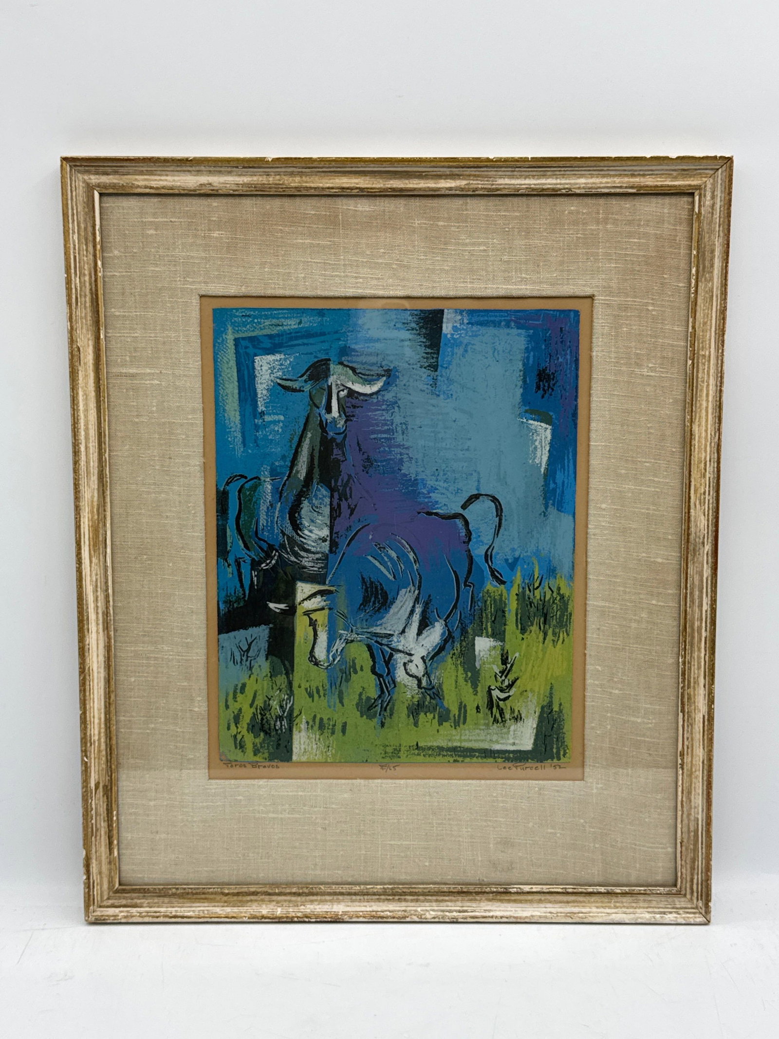 Abstract Bull Composition by Victor Vasarely: Striking modernist print depicting stylized bulls in shades of blue, black, and green against a textured background. The geometric and abstract handling of the forms is characteristic of Victor