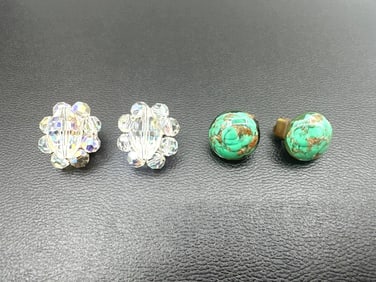 Pair of Vintage Clip-On Earrings – Aurora Borealis Crystal & Faux Turquoise