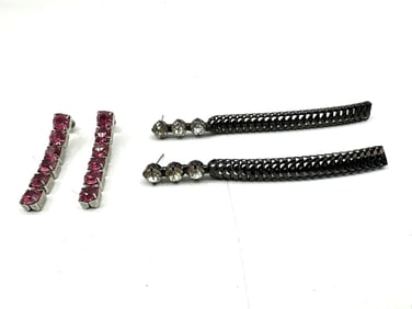 Pair of Contemporary Statement Dangle Earrings – Clear and Pink Rhinestones